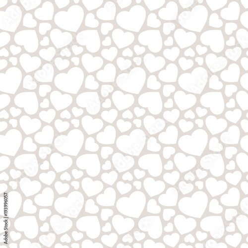 Love romantic seamless pattern with hearts. Valentine s day background. Vector abstract texture with small scattered hearts. Delicate white and light gray colors. Subtle repeat decorative design