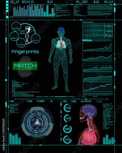 Modern medical examination, style HUD. A futuristic medical infographics, a virtual body scanning interface with heart, human body and electrocardiogram illustrations. Futuristic user interface