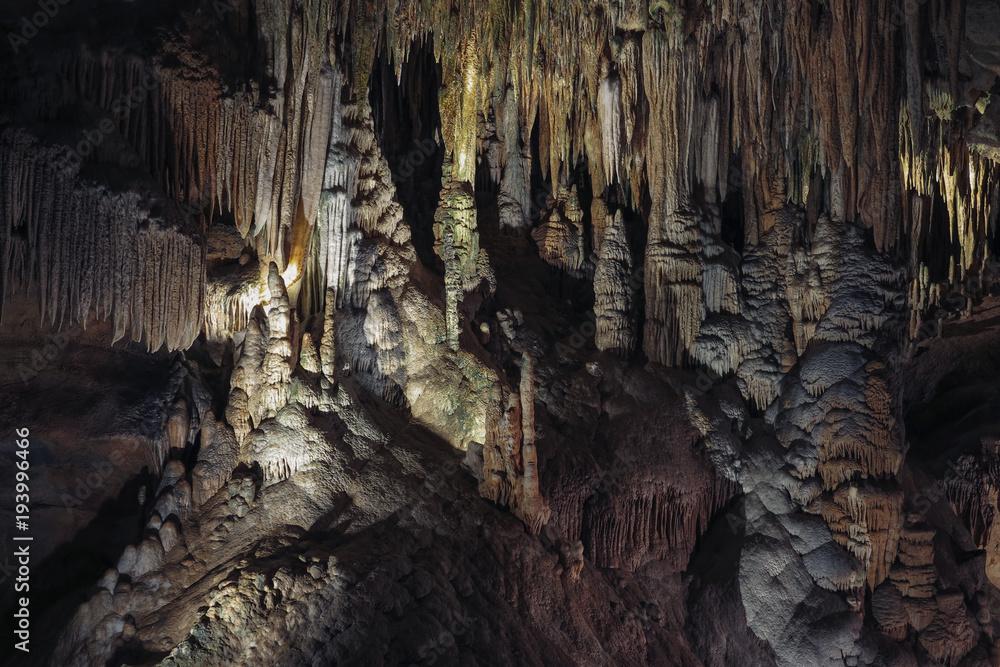 Karst cave with stalactites and stalagmites in Luray Caverns. Luray, Virginia