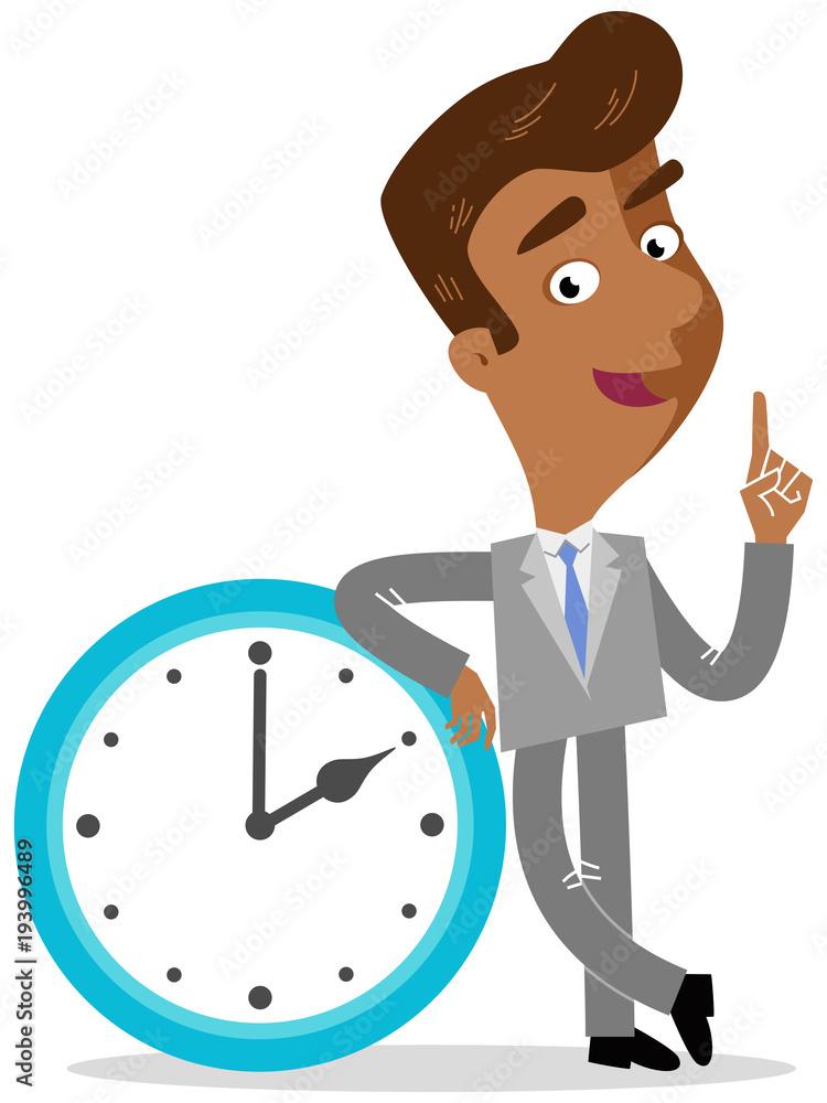 Vector illustration of an asian cartoon businessman leaning on giant clock isolated on white background