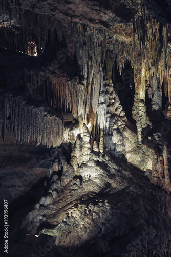 Karst cave with stalactites and stalagmites in Luray Caverns. Luray  Virginia
