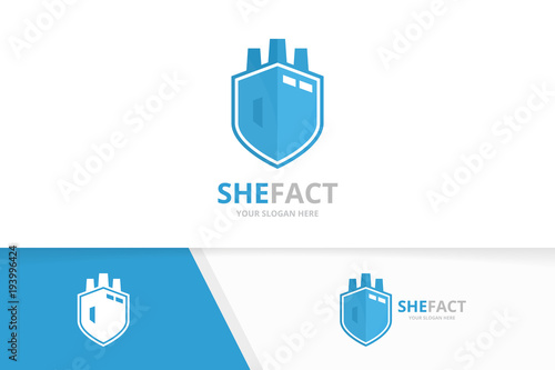 Vector factory and shield logo combination. Industry and security symbol or icon. Unique manufacturing and guard logotype design template.