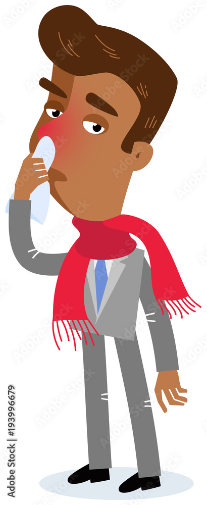 Vector illustration of a sick asian cartoon businessman having a cold and runny  nose wearing scarf isolated on white background Stock Vector | Adobe Stock