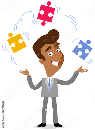 Vector illustration of an asian cartoon businessman juggling with jigsaw puzzle pieces isolated on white background