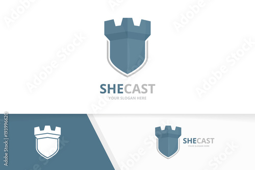 Vector castle and shield logo combination. Tower and security symbol or icon. Unique fortress and guard logotype design template.