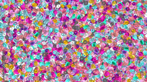 Beads background. Fashion accessory. Handmade craft. Glass beads top view. Sequins. Heap of gems. Rhinestones wallpaper. Realistic illustration. 3d rendering. Jewelry making.