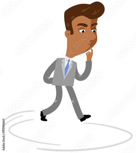 Vector illustration of a pondering asian cartoon businessman walking in circles isolated on white background