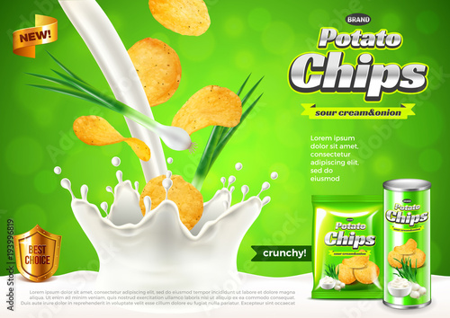 Chips ads. Onions in pouring sour cream vector background