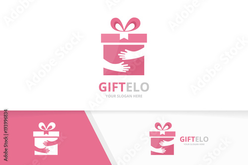Vector gift and hands logo combination. Present and embrace symbol or icon. Unique surprise and team, friendship logotype design template.