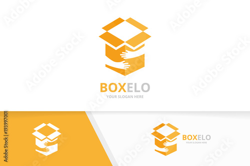 Vector box and hands logo combination. Package and embrace symbol or icon. Unique delivery and team, friendship logotype design template.