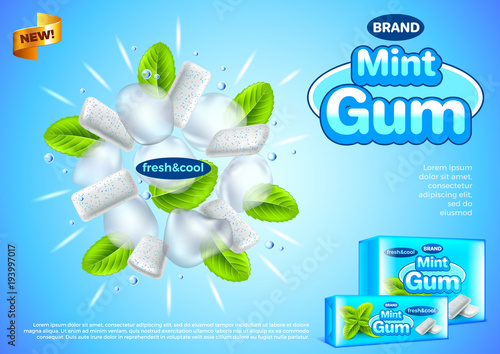 Gum ads. Mint leaves and ice cubes explosion vector background