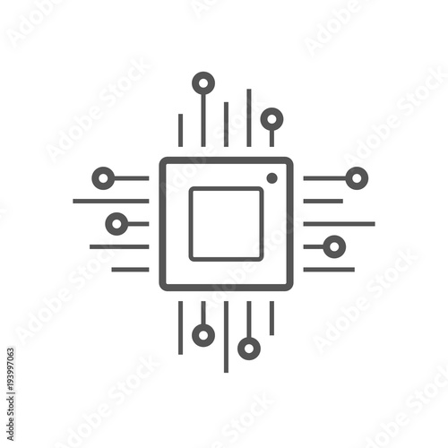Microchip line icon. CPU, Central processing unit, computer processor, chip symbol in circle. Simple round icon isolated on black background. Creative modern vector logo