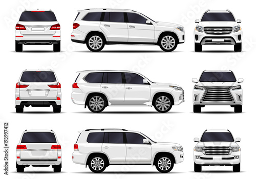 realistic SUV cars set. front view; side view; back view.