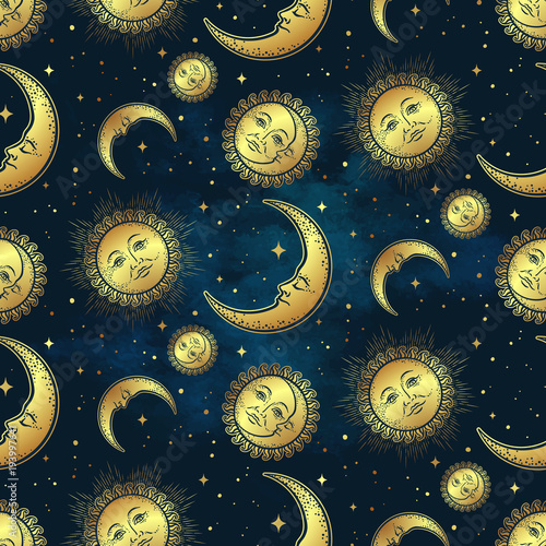 Seamless pattern with gold celestial bodies - moon, sun and stars over blue night sky background. Boho chic fabric print, wrapping paper or textile design hand drawn vector illustration.