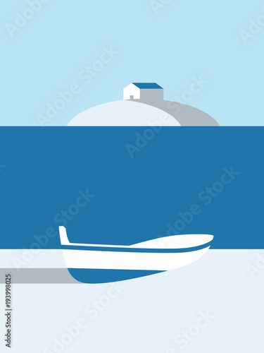 Summer poster vector art with boat on the beach and cabin on island in the background.