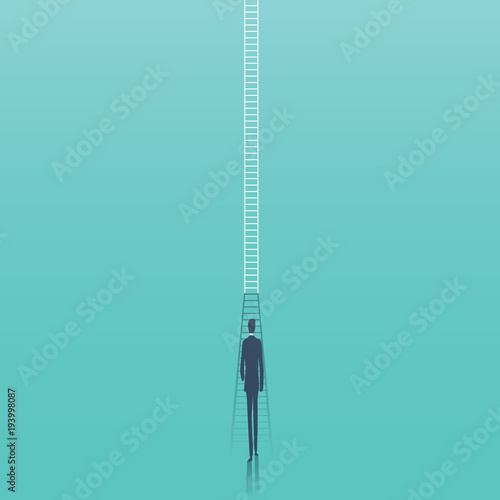 Business corporate career ladder vector concept. Businessman walking towards ladder as symbol of career progress, promotion, ambition, motivation.