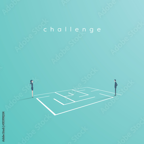 Business solution and challenge vector concept. Businesswoman and businessman standing next to a maze, labyrinth.