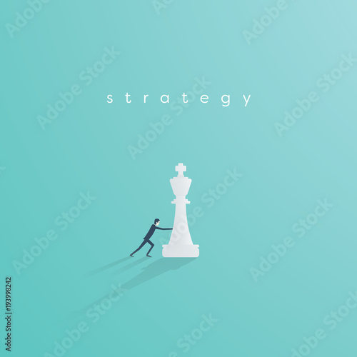 Business strategy vector concept with businessman playing chess. Symbol of vision, competition, negotiation, planning and challenge.