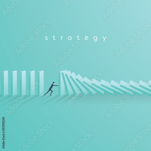 Businessman stopping falling domino vector concept. Symbol of crisis, risk, management, leadership and determination. photo