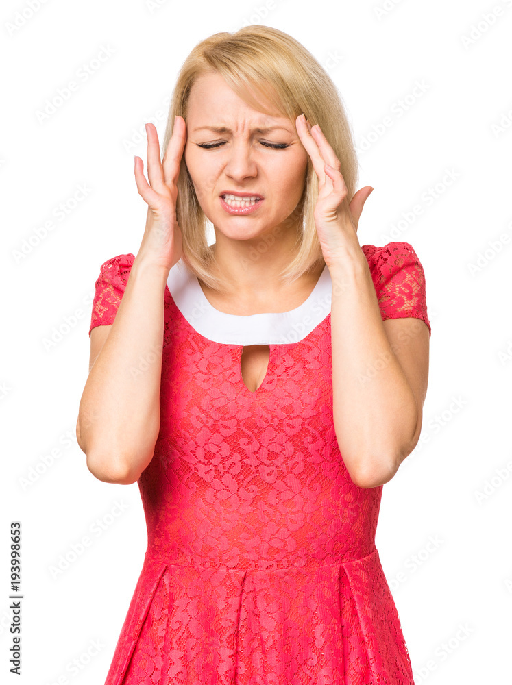 Portrait of woman with beautiful face, isolated on white background. Young cute girl showing different emotions - feeling stress, headache. Female wearing a pink dress. Portrait of woman with beautiful face, isolated on white background. Young cute girl showing different emotions - feeling stress, headache. Female wearing a pink dress.