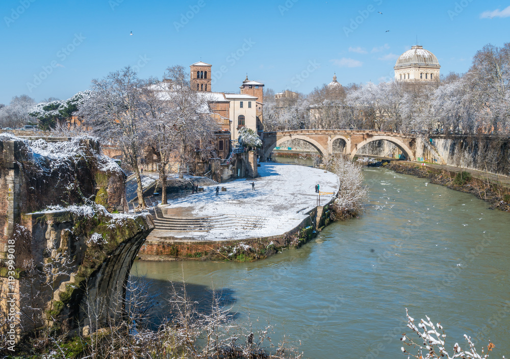 Snow in Rome, the Tiberina Island on a winter day.