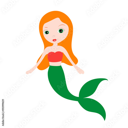 Vector illustration of cute underwater mermaid girl. Fairy fantasy of sea. Isolated character water mythology princess