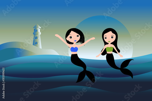 Vector illustration of cute underwater mermaid girl. Fairy fantasy of sea. Isolated character water mythology princess