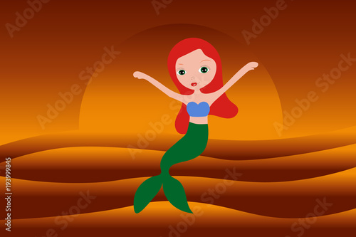 Vector illustration of cute underwater mermaid girl. Fairy fantasy of sea. Isolated character water mythology princess