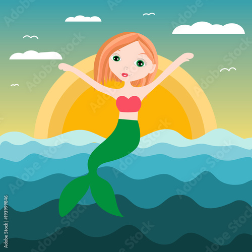 Vector illustration of cute underwater mermaid girl. Fairy fantasy of sea. Isolated character water mythology princess