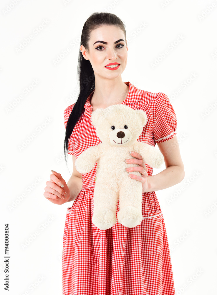 Happy woman received a teddy bear. Happy woman received a teddy bear.