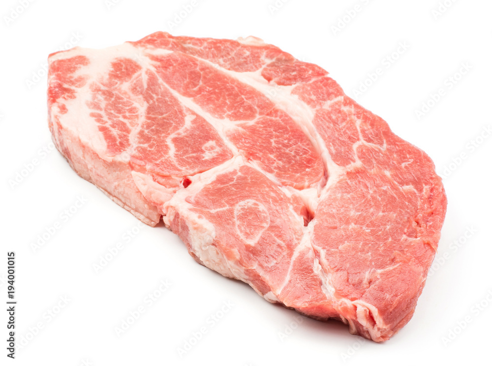 Raw pork neck meat cut isolated on white background fresh one slice without bone .