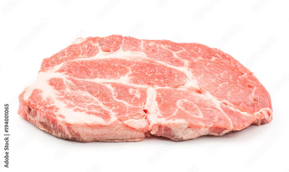 Raw pork neck meat cut isolated on white background one fresh slice without bone .
