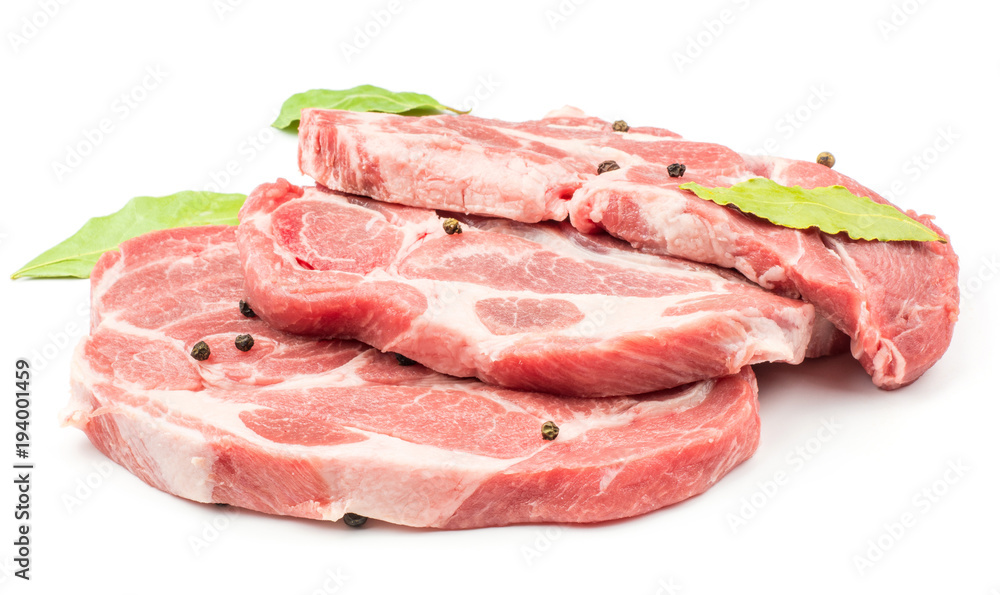Three raw pork neck meat cuts with black pepper and three bay leaves isolated on white background fresh slices without bone . Three raw pork neck meat cuts with black pepper and three bay leaves isolated on white background fresh slices without bone .