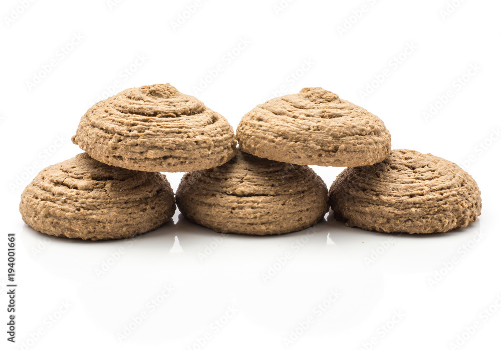 Cocoa oat cookies five drop shape biscuits isolated on white background brown crispy. Cocoa oat cookies five drop shape biscuits isolated on white background brown crispy.