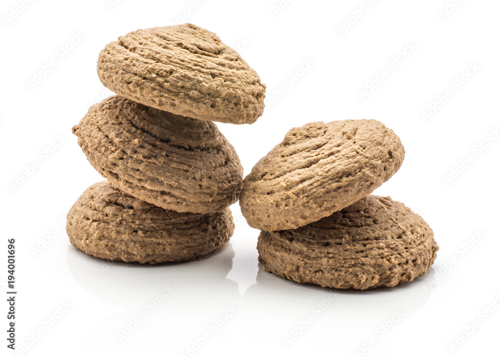 Cocoa oat cookies five drop shape brown crispy biscuits isolated on white background. Cocoa oat cookies five drop shape brown crispy biscuits isolated on white background.