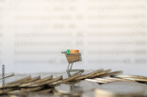 Business and e-commerce concept. Miniature shopping cart / trolley figure on pile of coins with bank passbook as background.