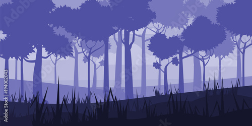 Background of landscape with deep deciduous forest. Cartoon style. Vector, illustratoin