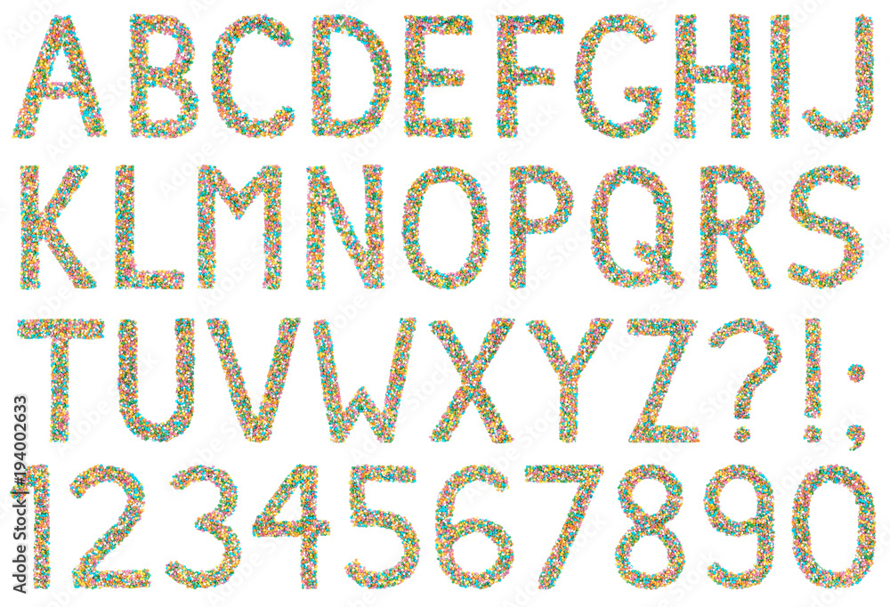 English alphabet letters, numerals and symbols made of little candies English alphabet letters, numerals and symbols made of little candies