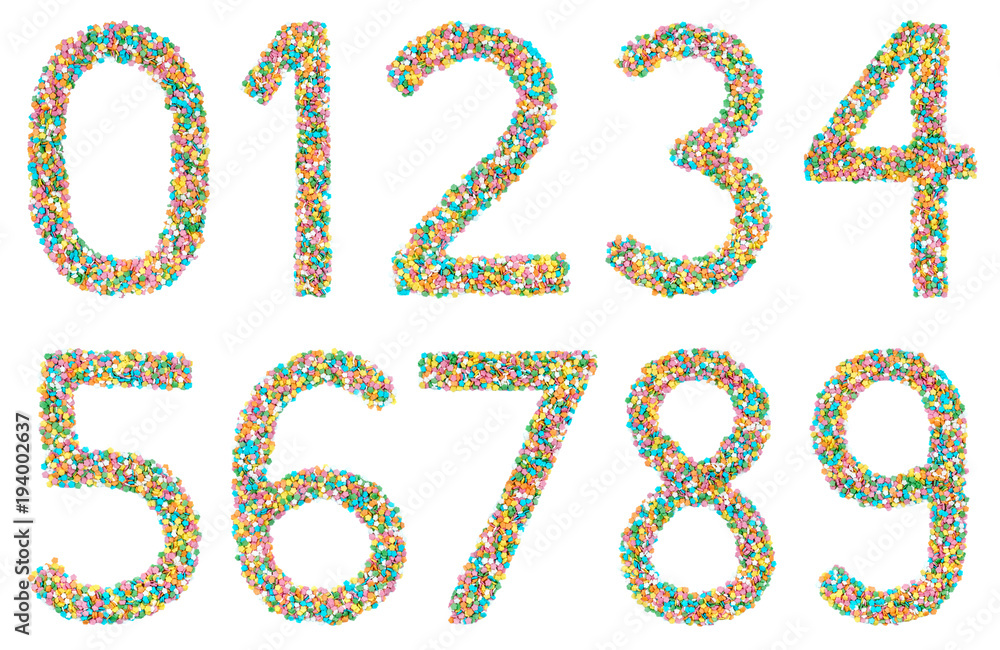 Numerals made of little candies isolated