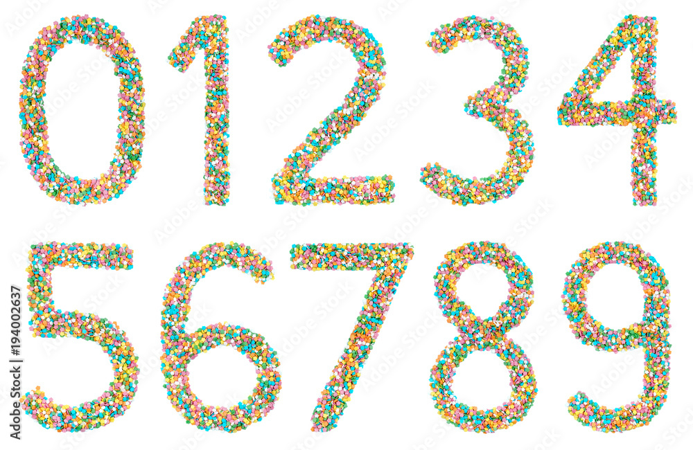 Numerals made of little candies isolated Numerals made of little candies isolated