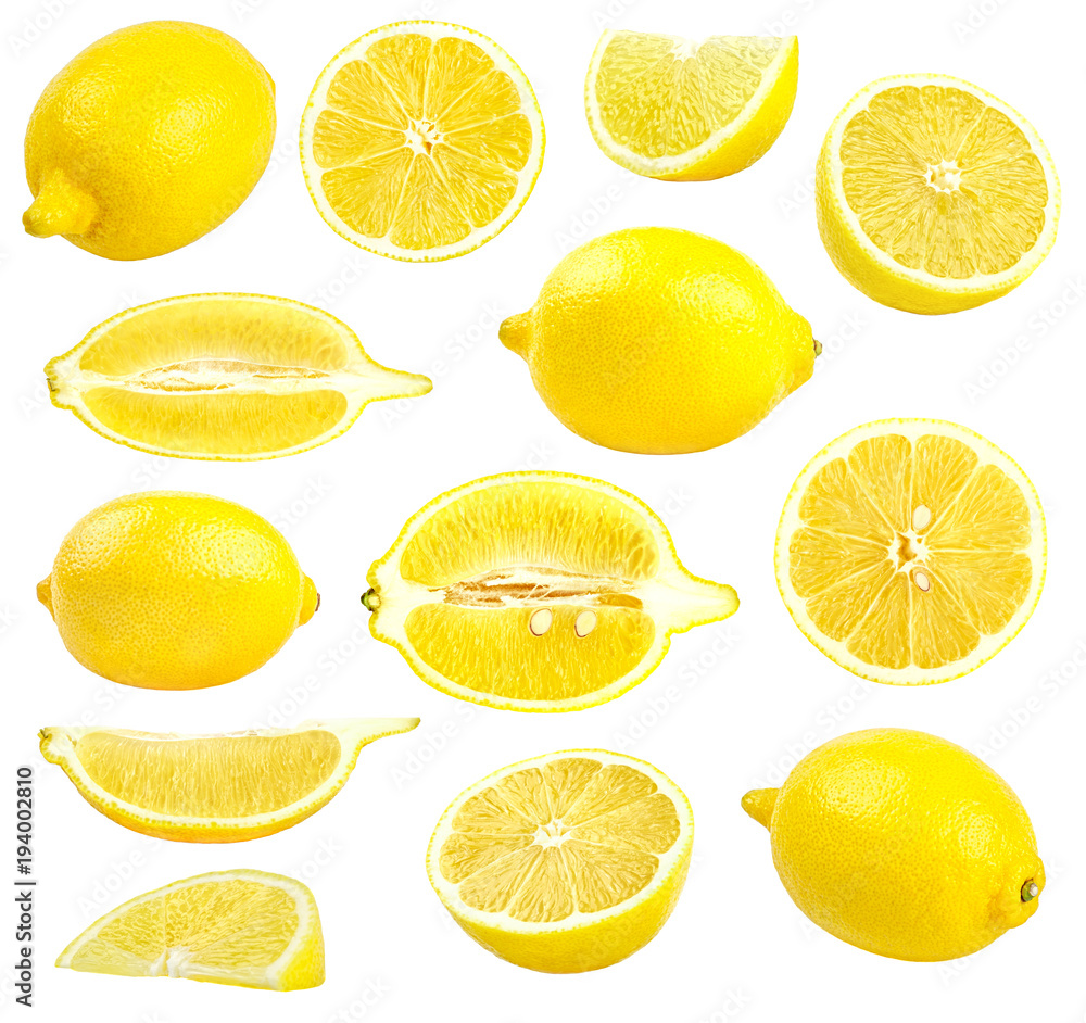Collection of fresh yellow lemons isolated on white