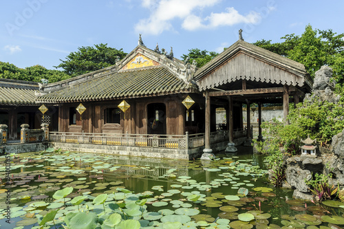  palace with pond in the imperial Hue citadel, patrimony of the humanity, in Vietnam.