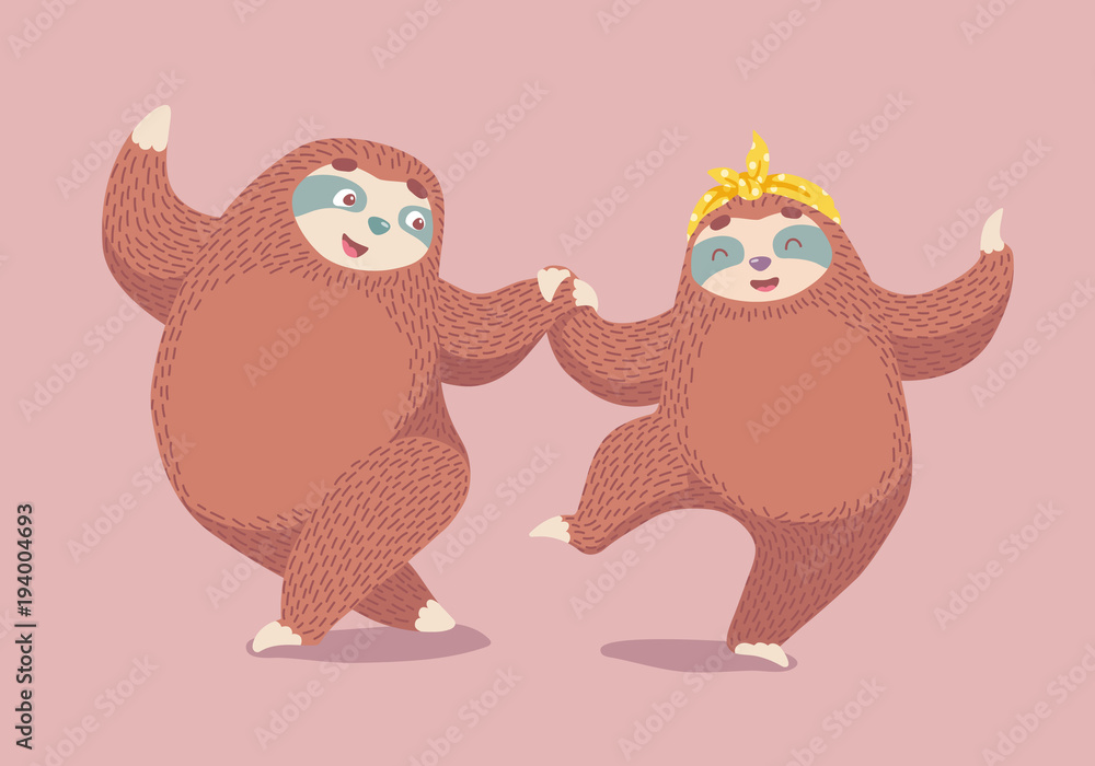 unique card with two cute cartoon sloths dancing boogie woogie. vector  illustration with funny animals Stock Vector | Adobe Stock