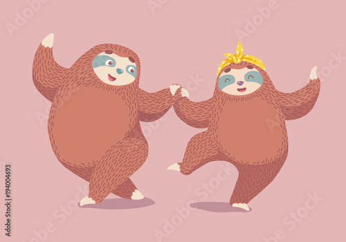 unique card with two cute  cartoon sloths dancing boogie woogie. vector illustration with funny animals