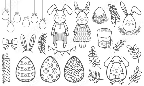 Decorative vector set for a holiday Easter. Rabbits girl and boy, eggs, garland, cake, twigs, bow and other elements for design.