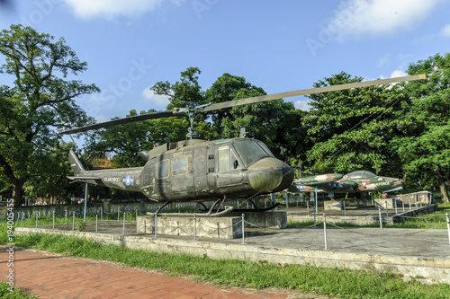 material of the war of Vietnam in a permanent exhibition in a public park in the city of Hue, Vietnam.
