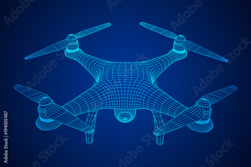 Remote control air drone. Dron flying with action video camera. Wireframe low poly mesh vector illustration