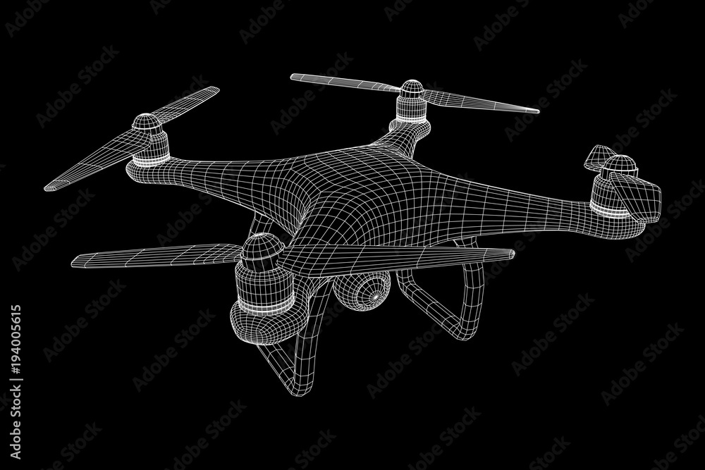Remote control air drone. Dron flying with action video camera. Wireframe low poly mesh vector illustration Remote control air drone. Dron flying with action video camera. Wireframe low poly mesh vector illustration