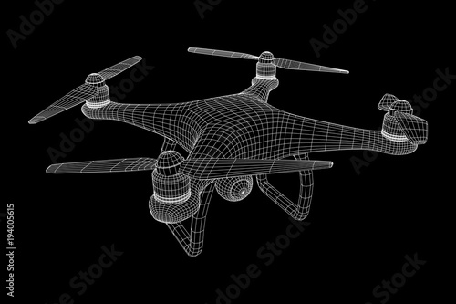 Remote control air drone. Dron flying with action video camera. Wireframe low poly mesh vector illustration