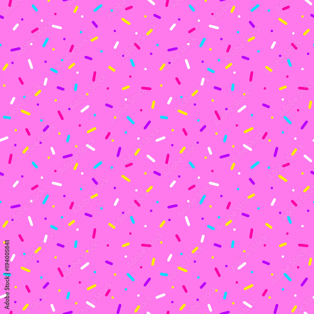Seamless pattern with colorful sprinkles on pink background. Donut